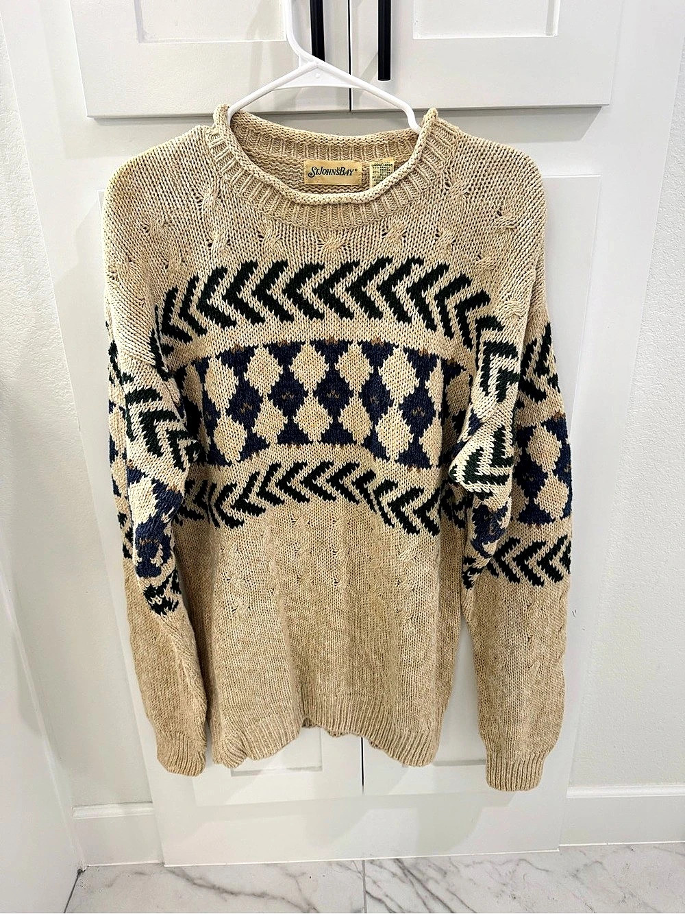 St. John's Bay vintage Geometric Knit Sweater in Cream & Blue Size Large